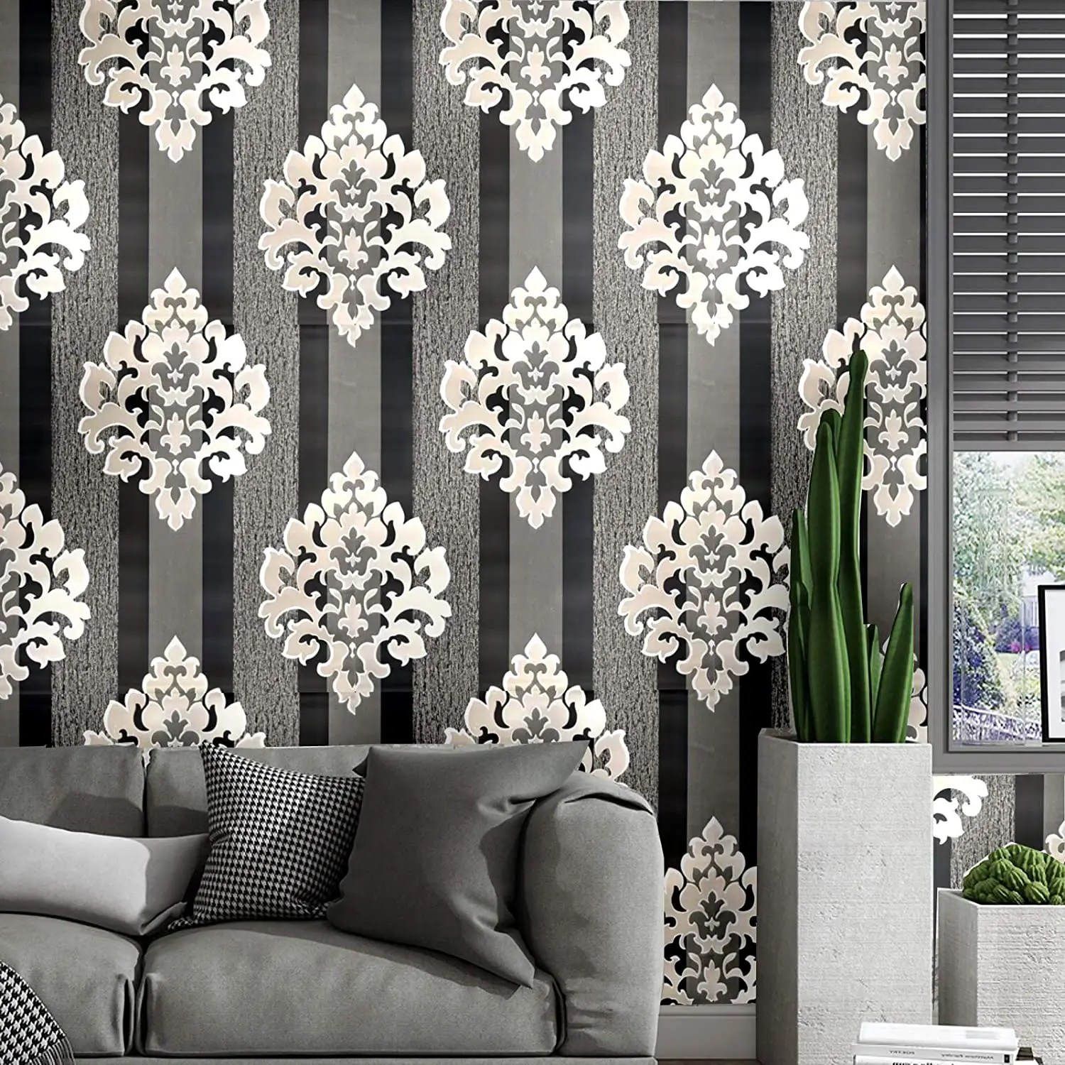 Black Silver Damasks Wallpaper Canada Peel and Stick Wallpaper Canada