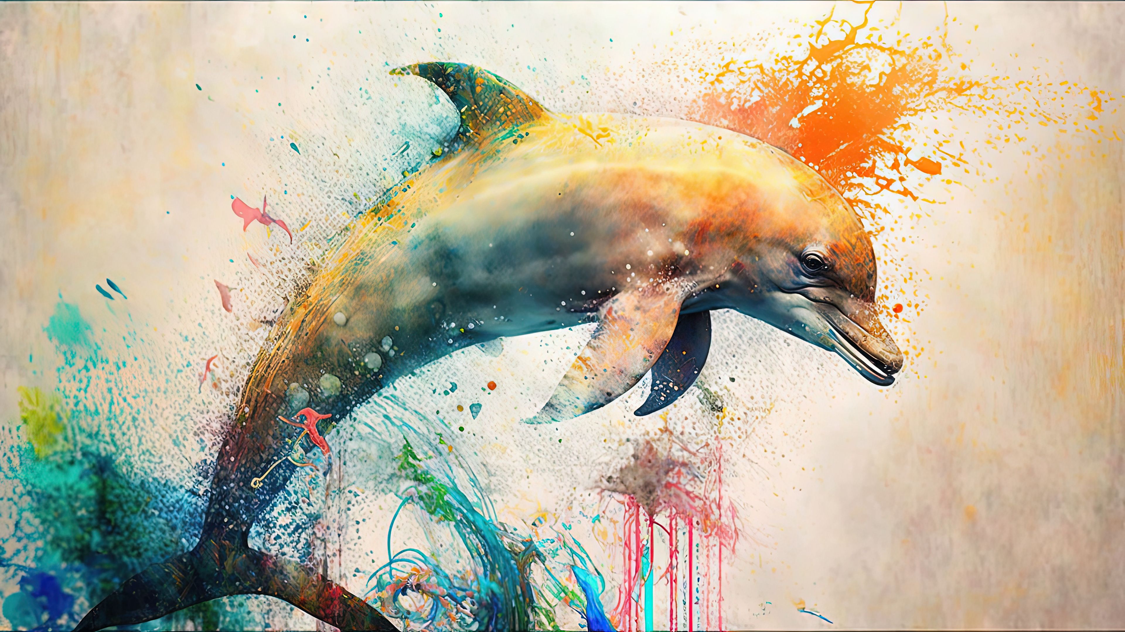 Rainbow Dolphin Splashing in the Ocean Wallpaper Cave