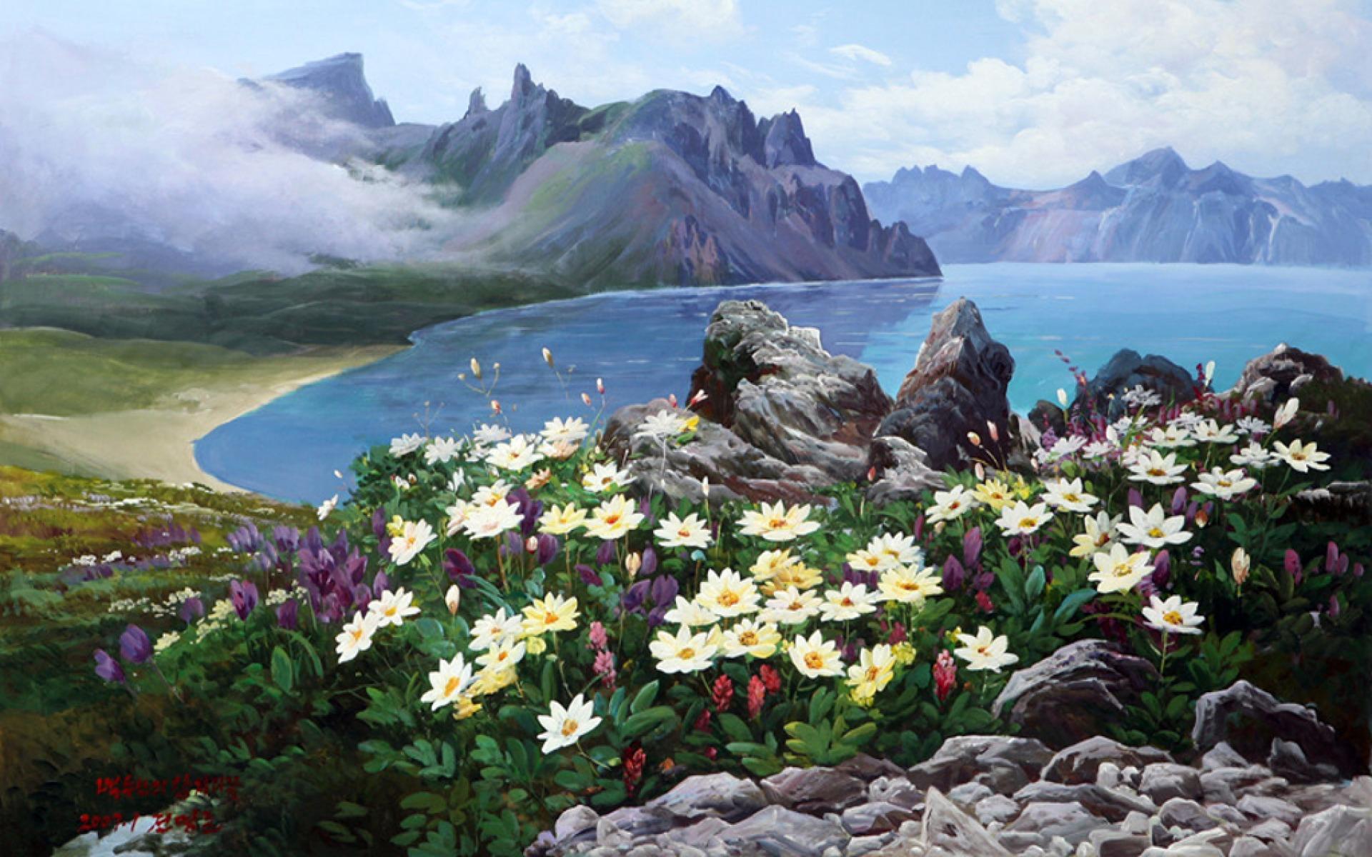 Landscape With Mountain, Lake And Flowers Wallpapers Wallpaper Cave