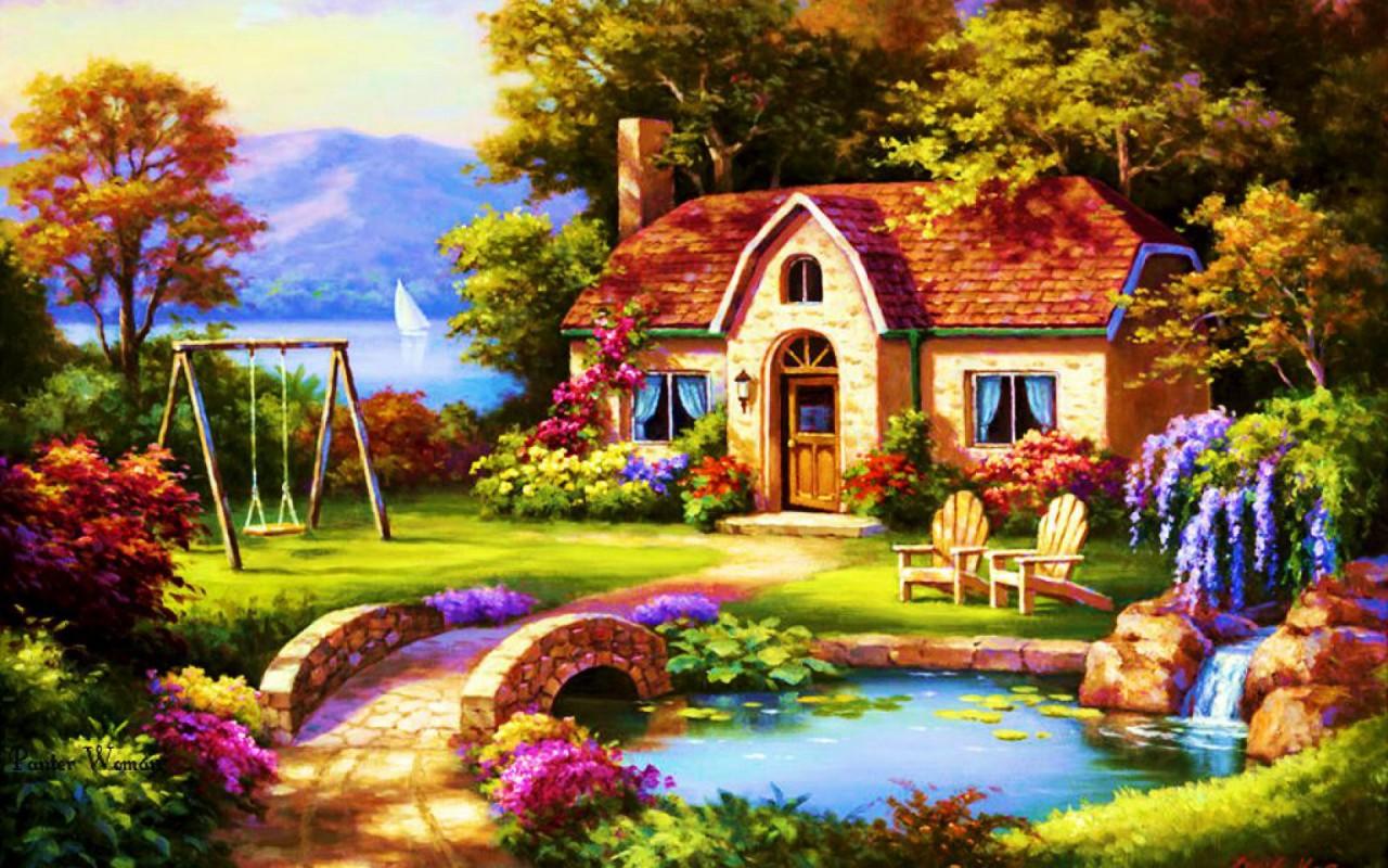 Flower Garden With Cottage Wallpapers Wallpaper Cave