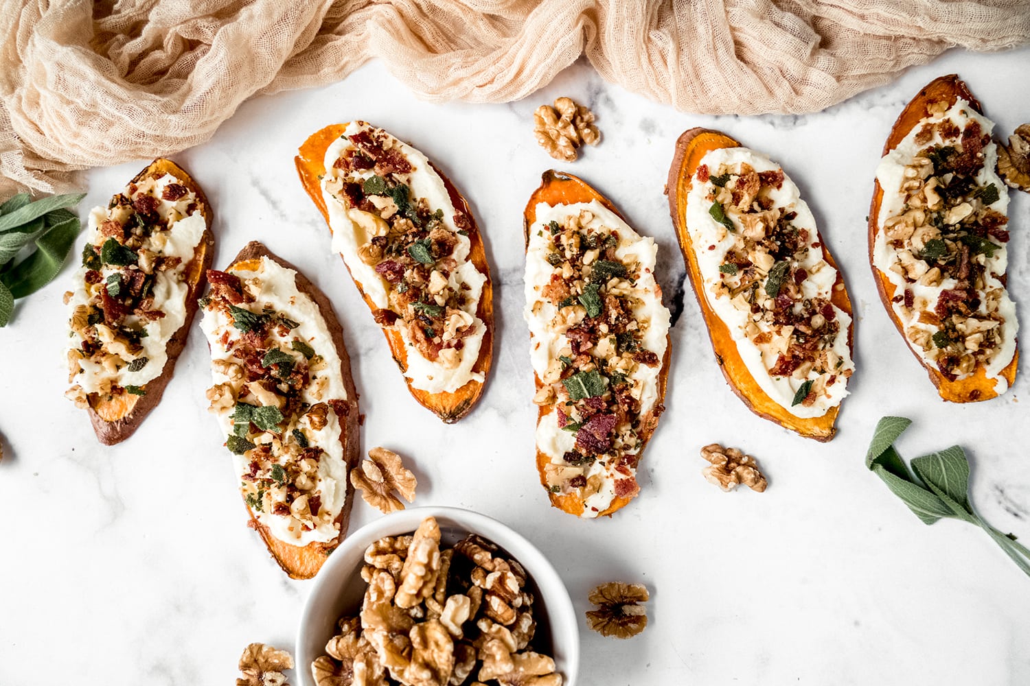 Maple Glazed Sweet Potato Toasts with Mascarpone and Bacon Walnut