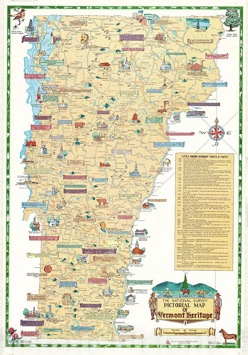 c1963 PICTORIAL MAP OF VERMONT HERITAGE THE NATIONAL SURVEY CHESTER, VT VERMONT