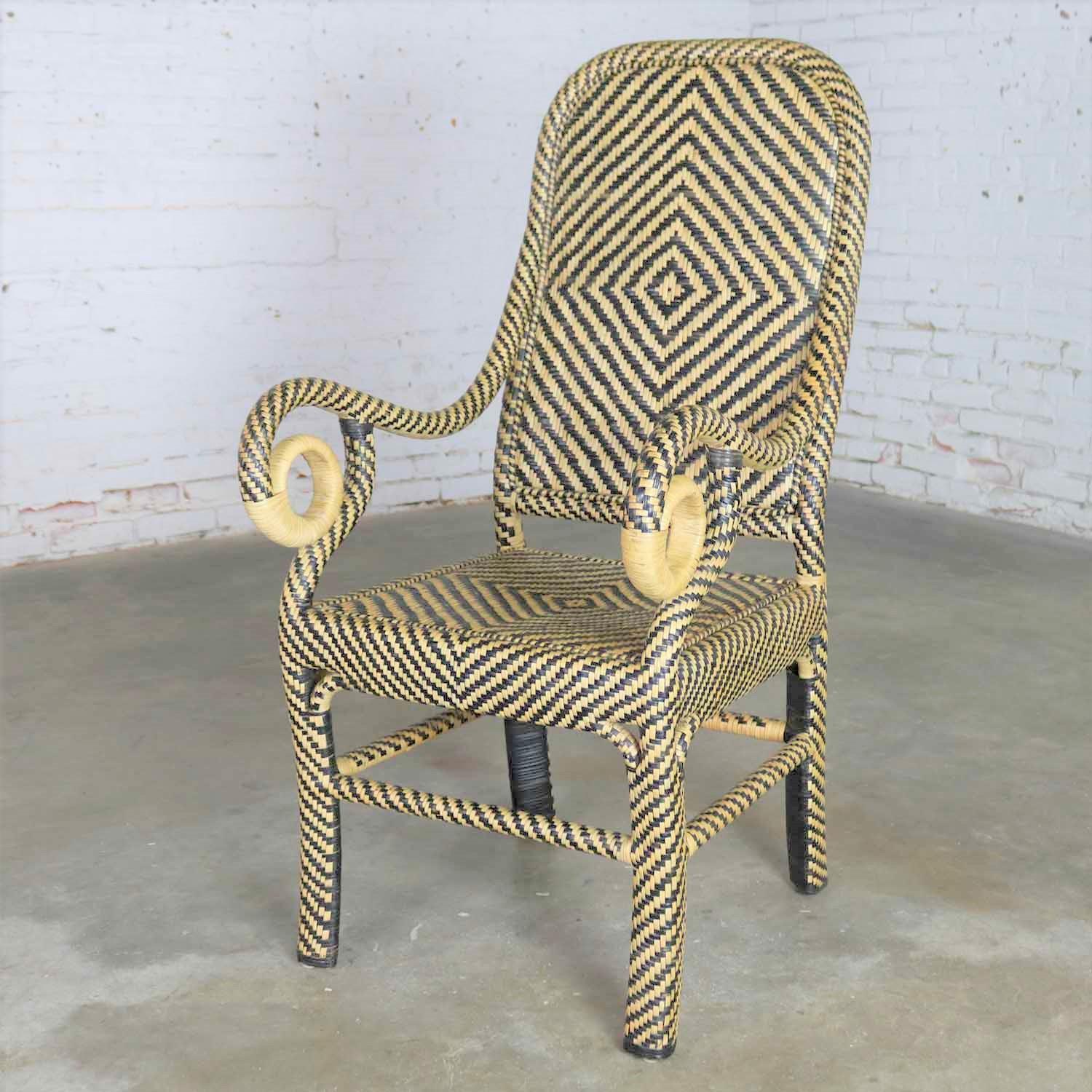 TwoTone Chevron Pattern Rattan Wicker Tall Back Chair with Spiral Arms