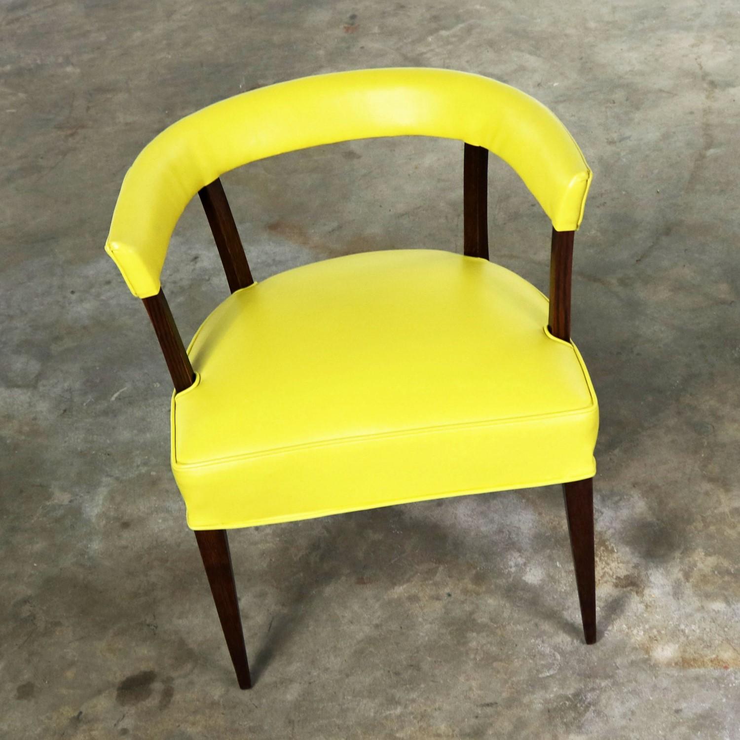 Mid Century Modern Yellow Vinyl and Oak Barrel Back Side Chair