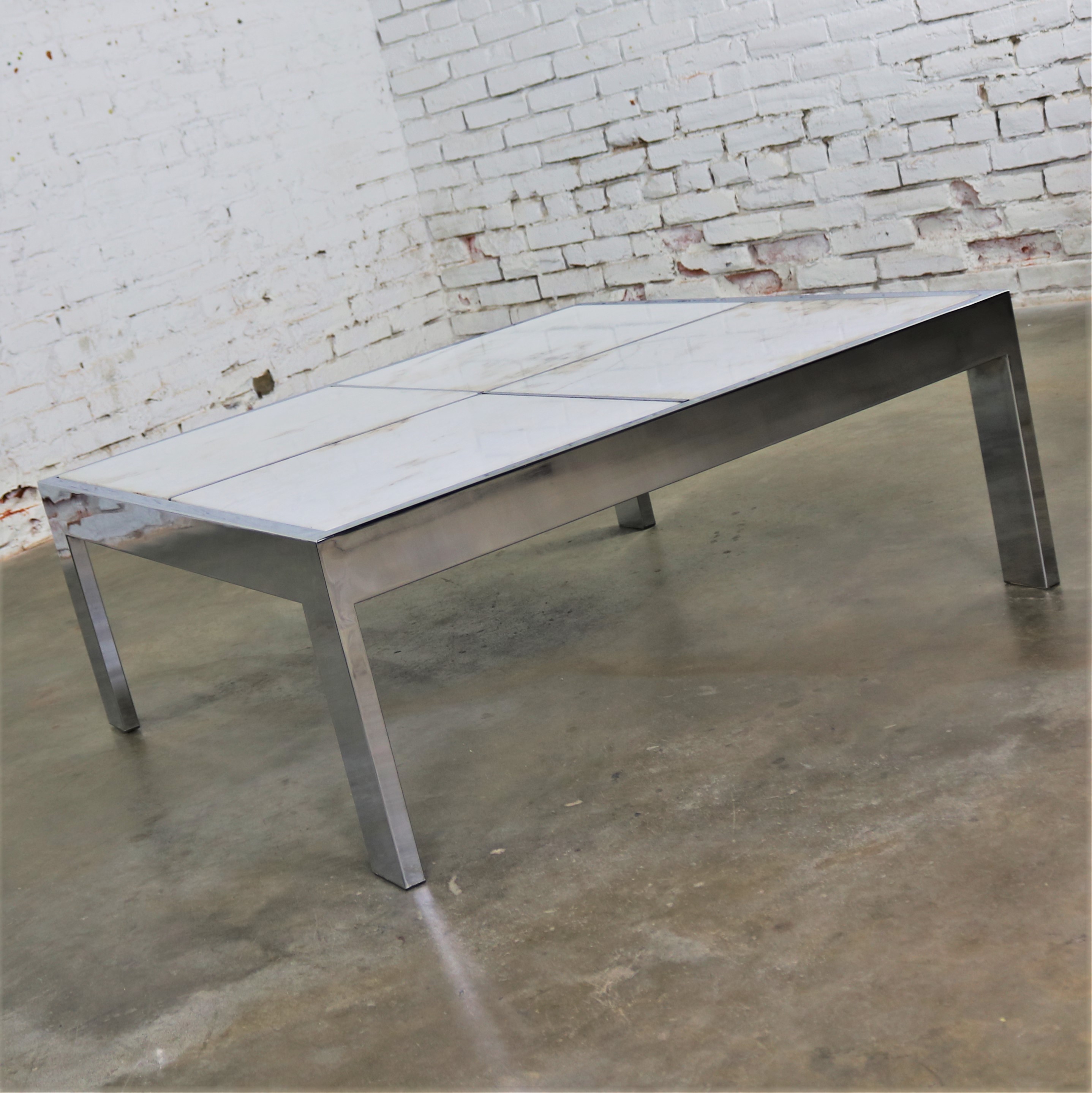 Modern Chrome and White Marble Coffee Cocktail Table Attributed to The