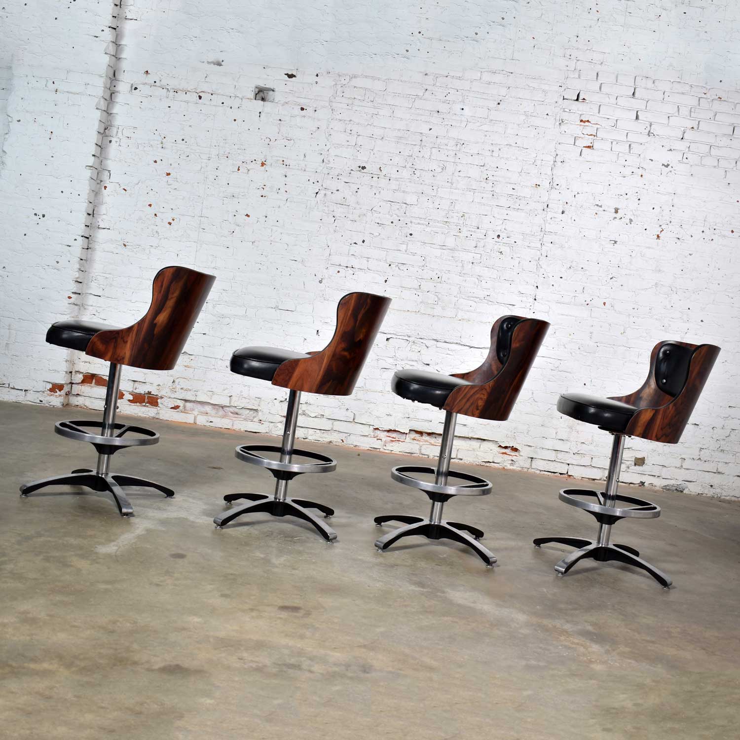 Vintage Modern Daystrom Adjustable Black Bar Stools Molded Curved Backs