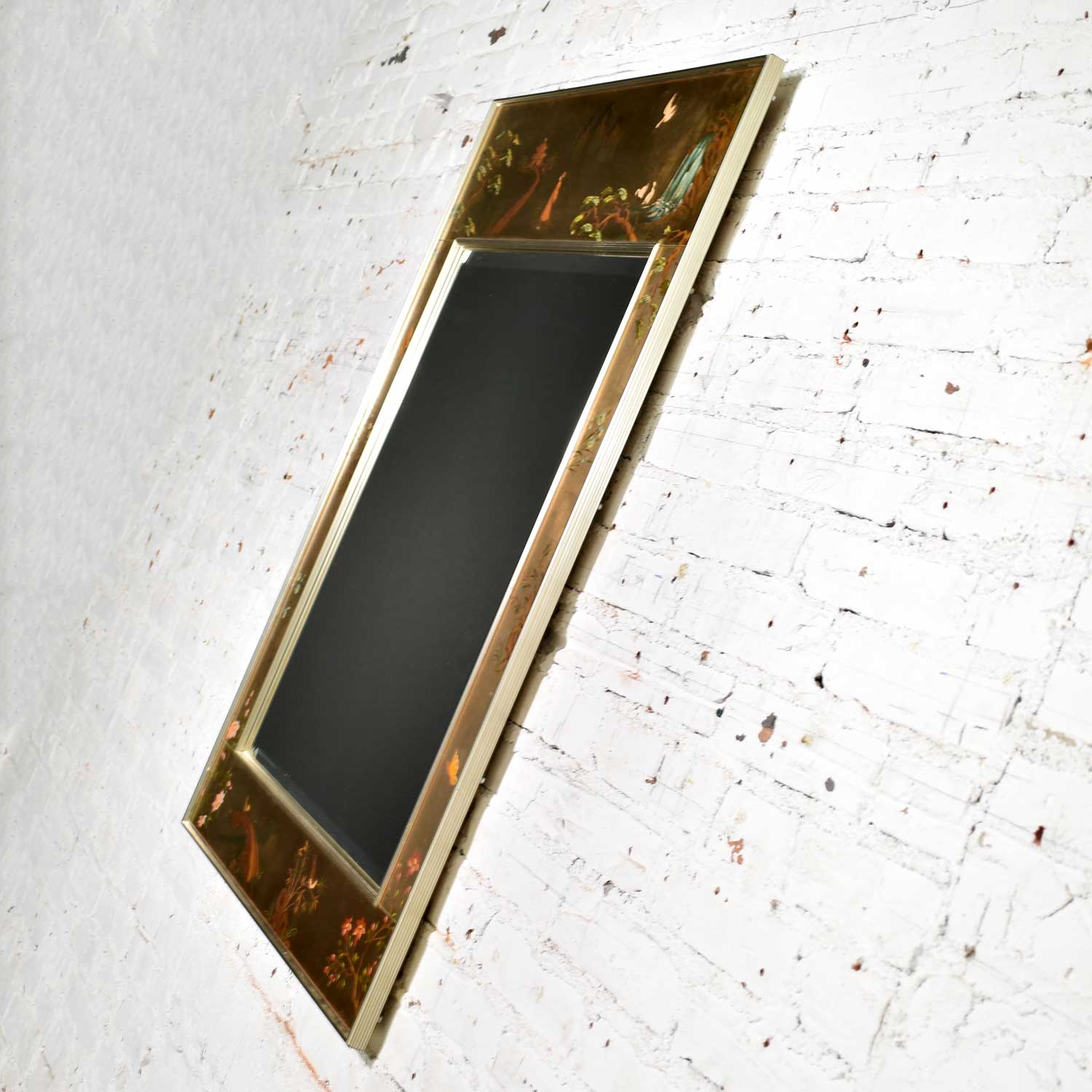 Vintage Églomisé Reverse Painted Chinoiserie GoldTone Wall Mirror by