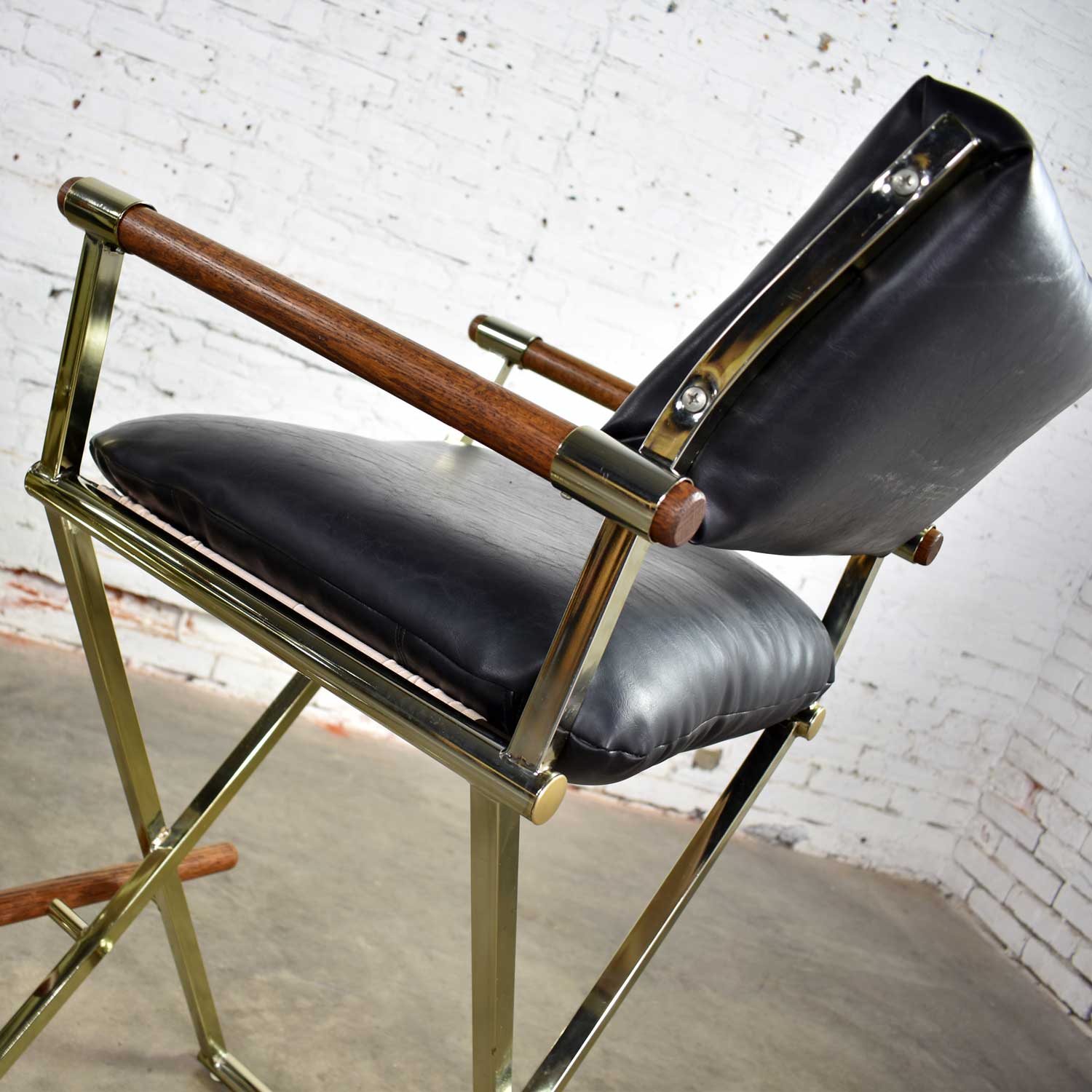 Vintage Pair Directors Chair Style Bar Stools Brass Plate Oak and Black Vinyl warehouse 414