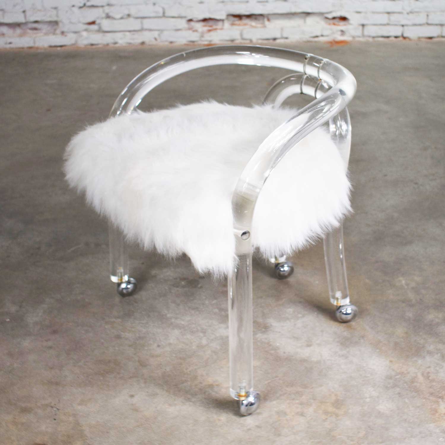 Hollywood Regency Lucite Vanity Stool with White Faux Fur Style of