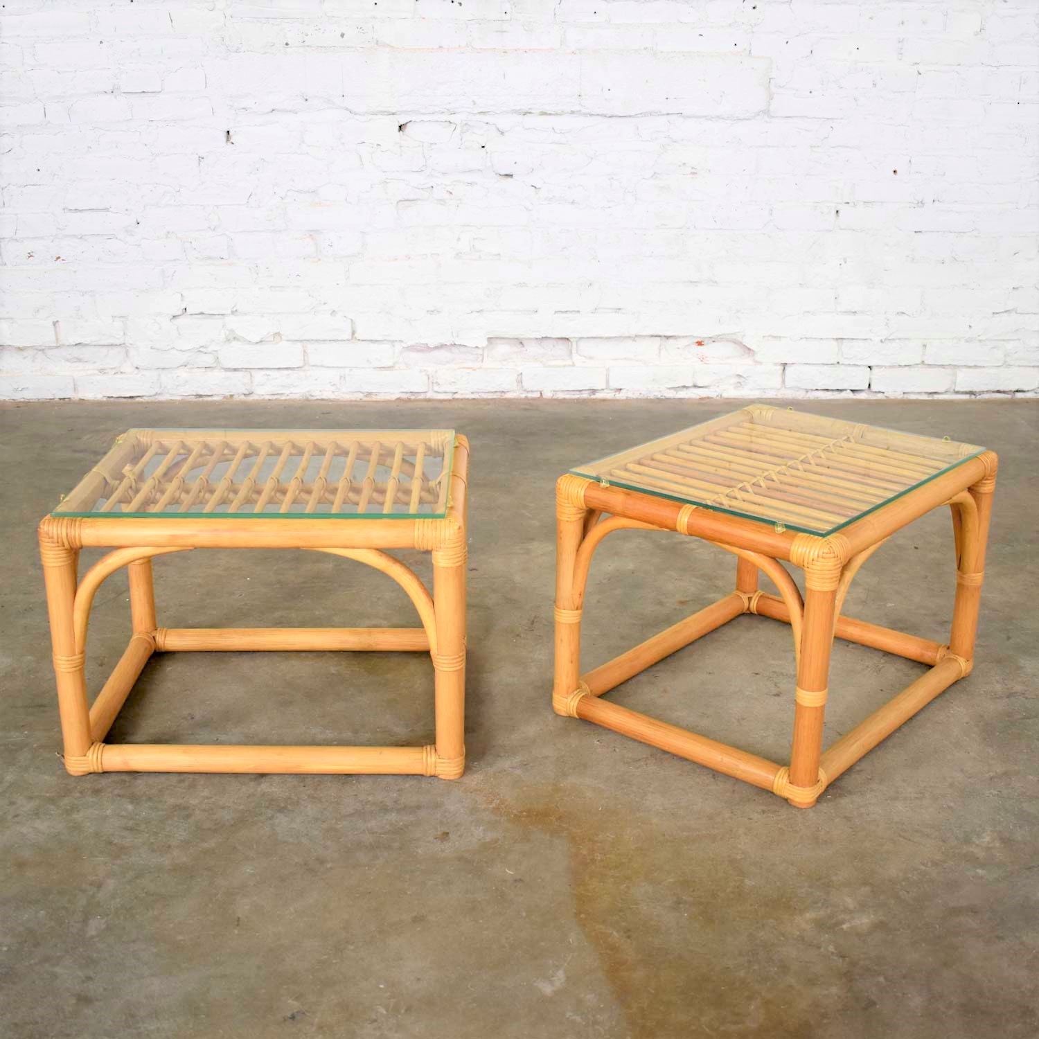 Vintage Modern Pair of Rattan Rectangular Side Tables or End Tables