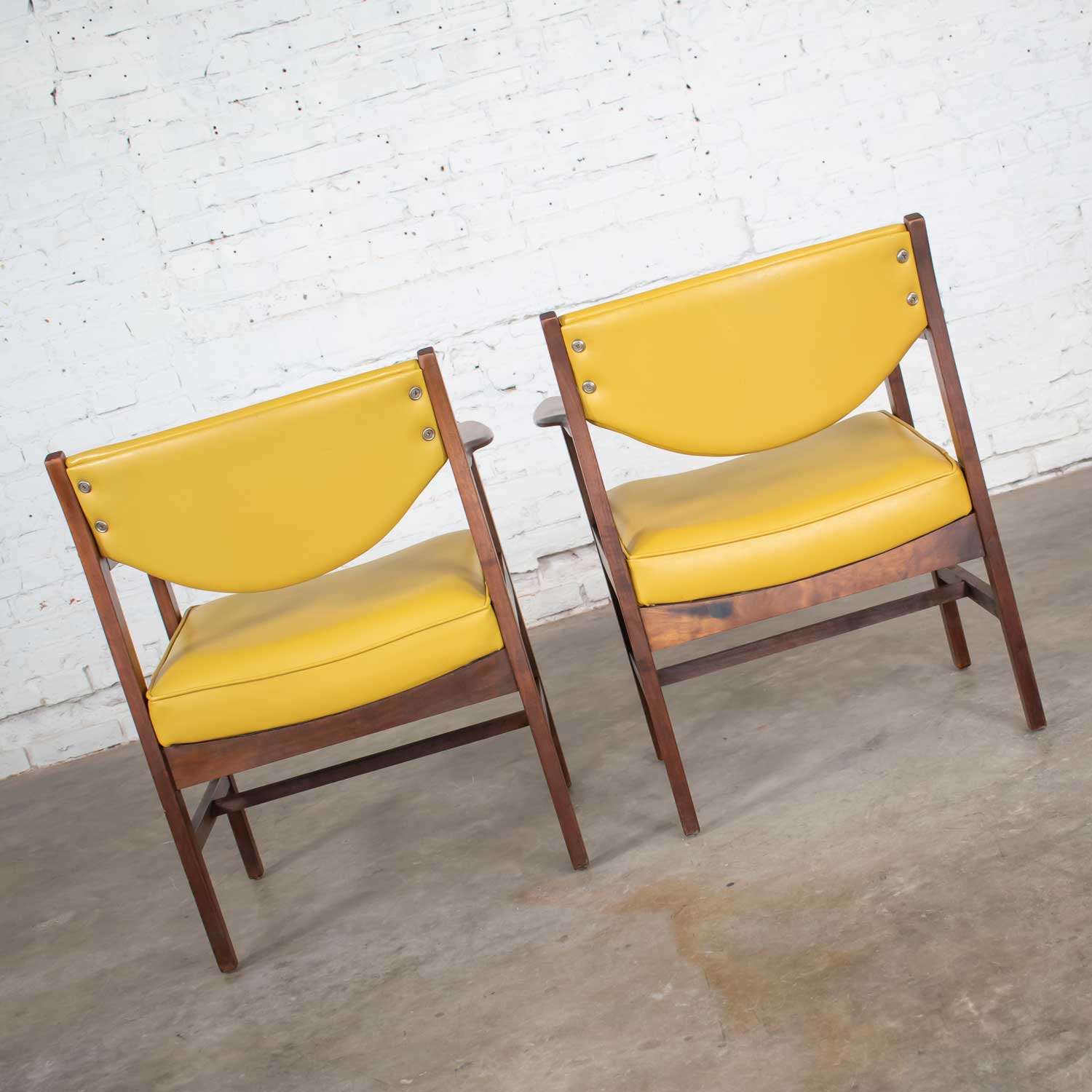 Pair Armchairs Mid Century Modern Gold Faux Leather & Walnut by Madison Furniture Ind