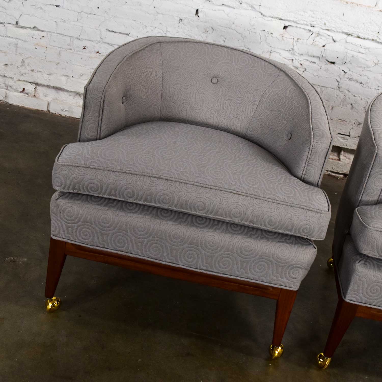 Pair MCM Grey & Taupe Barrel Back Club Chairs on Casters Style of