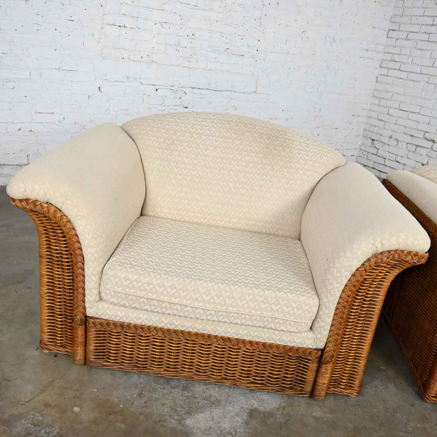 Rattan Wicker Pair of Oversized Lounge Chairs Manner of Michael Taylor