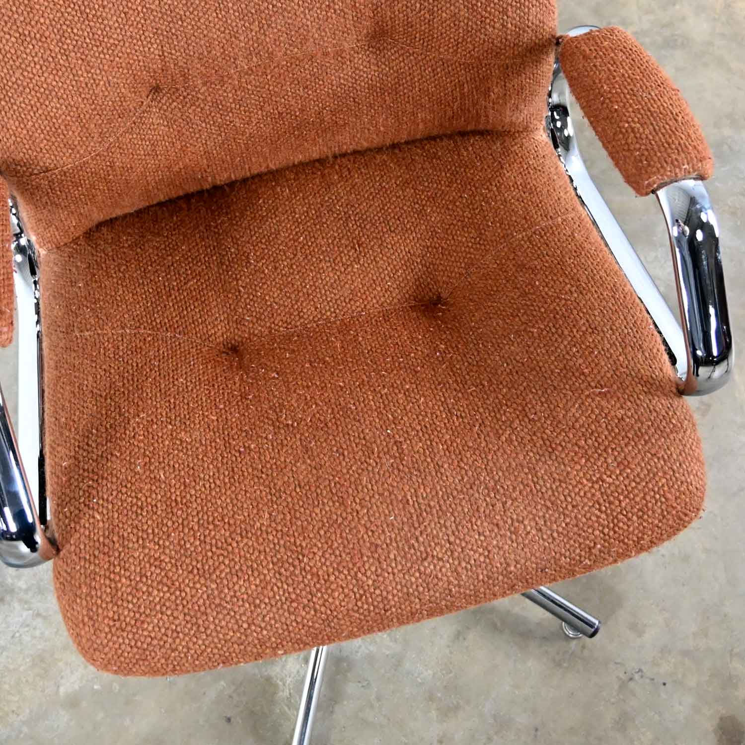 Steelcase Chrome & Original Brown Hopsack Upholstery Swivel Chair Model