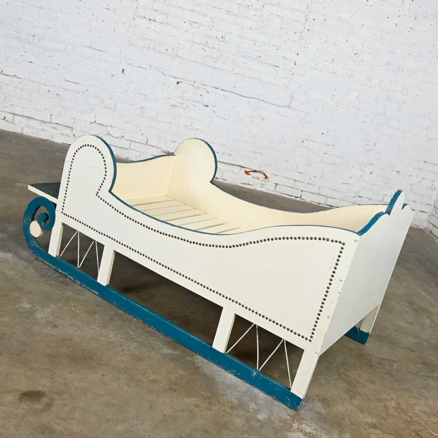 Vintage Toddler or Dog Sleigh Style Bed White with Blue Trim & Nail