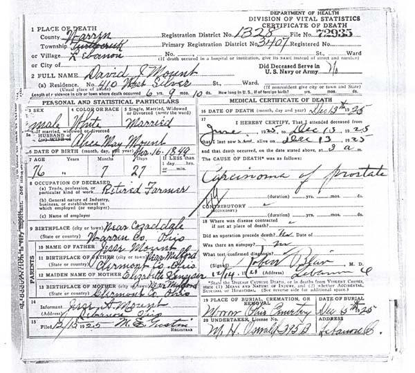 Mount Death Records, Warren County, Ohio