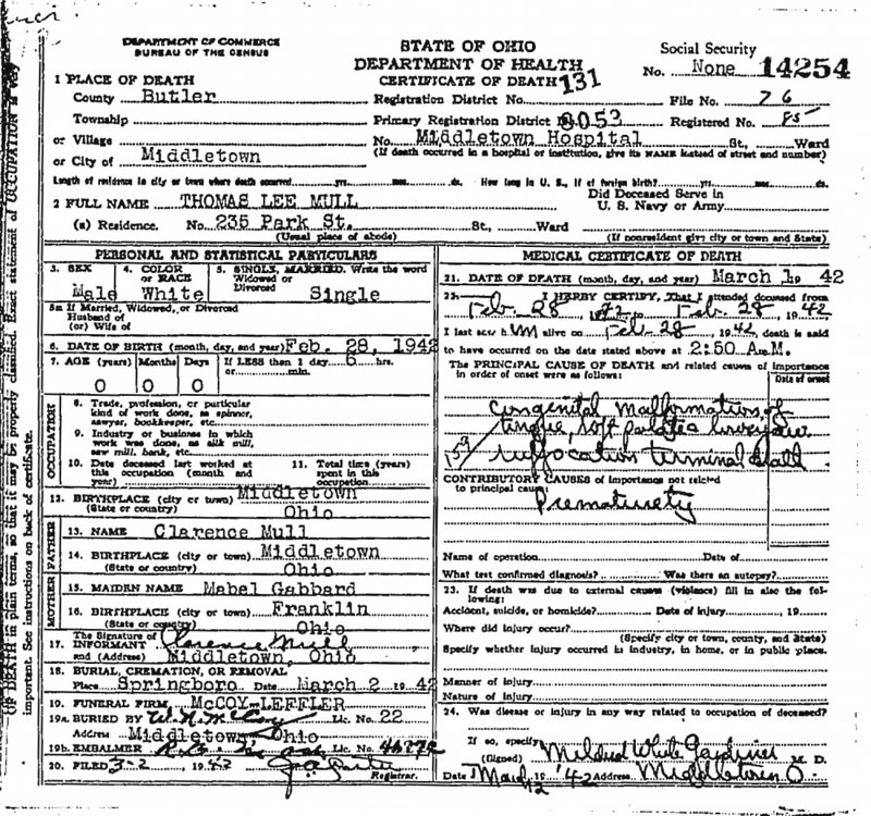 Mull Family Death Records, Warren County, Ohio