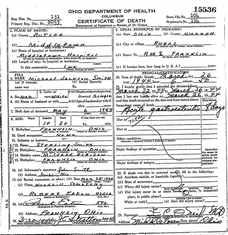 Smith Family Death Records, Warren County, Ohio