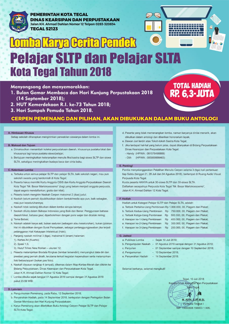 Lomba Karya Cipta Cerpen Akan Digelar Dinas Arpusda Kota Tegal