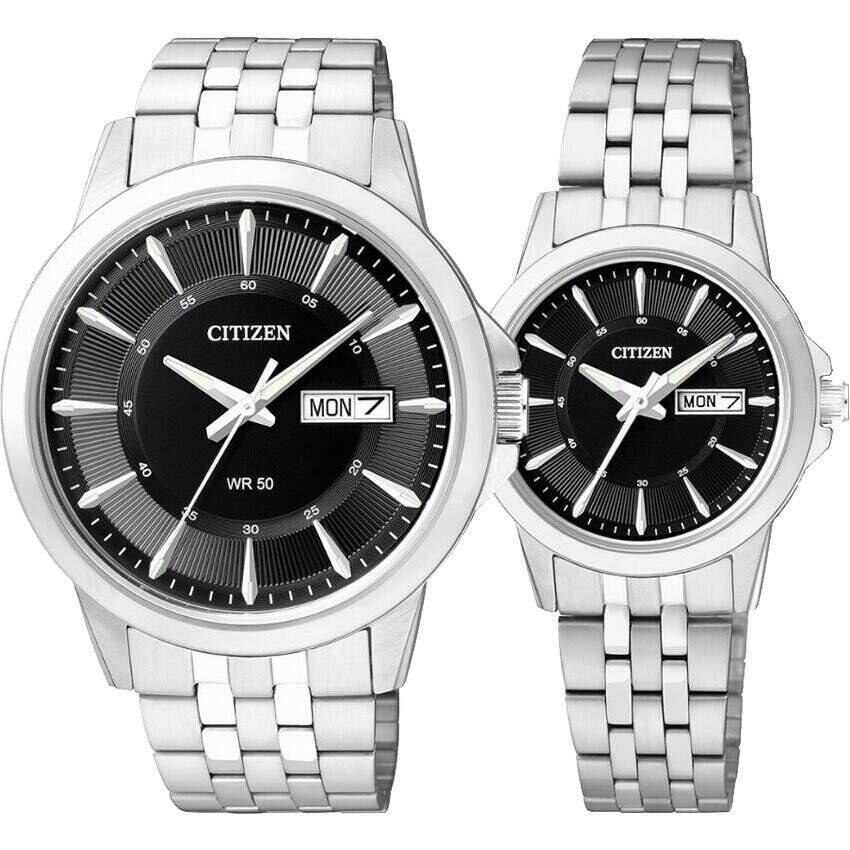 Citizen His & Hers Quartz Black Dial Silver Bracelet Watch WatchLocker