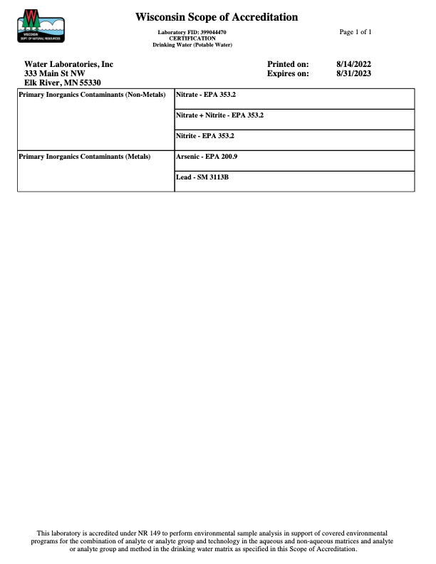 2021 Certificate Water Laboratories, Inc.