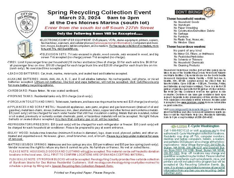 Recycling Event will be this Saturday, Mar. 23 at Des Moines Marina