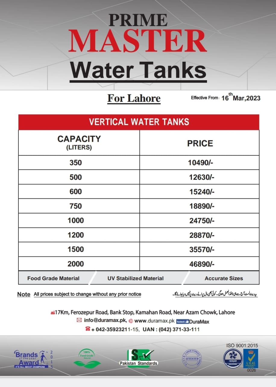 Dura Max Prime Master Water Tank Price List Jan, 2024