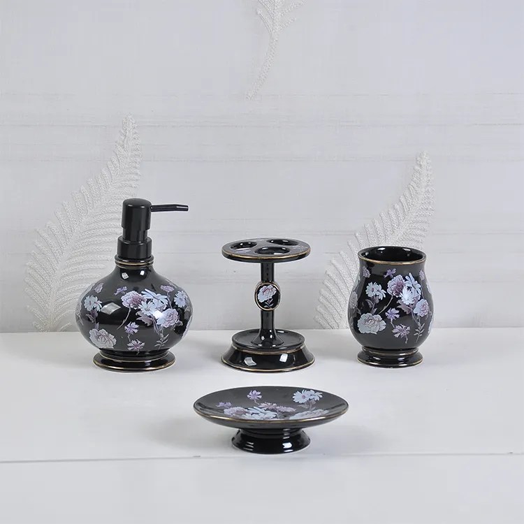 Black Floral Ceramic Bathroom Accessory Set Heavenly Designs Watson