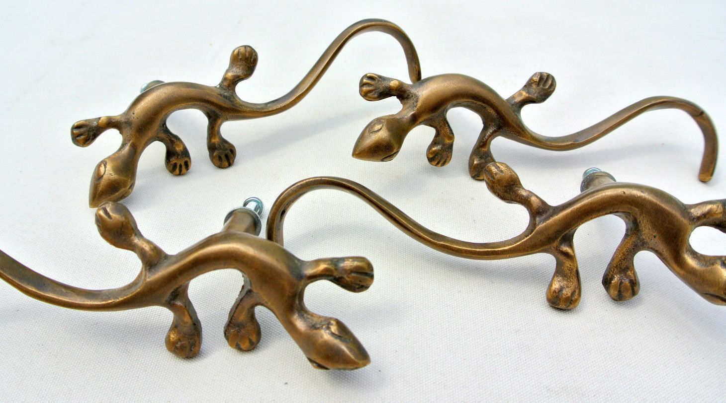 4 small GECKO handles small solid BRASS pulls old look SCREW TO DOOR