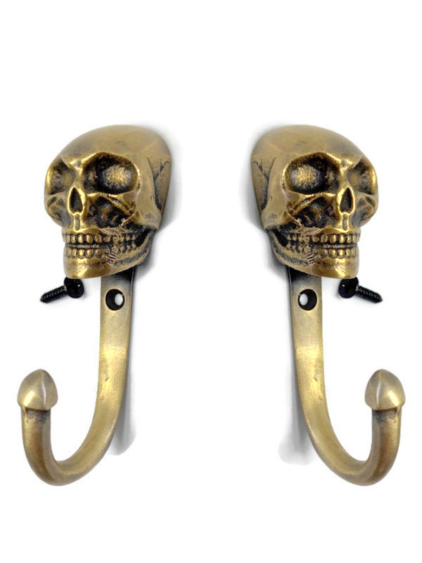 2 small 3.1/2" inches aged SKULL HOOKS solid pure 100 BRASS hollow old