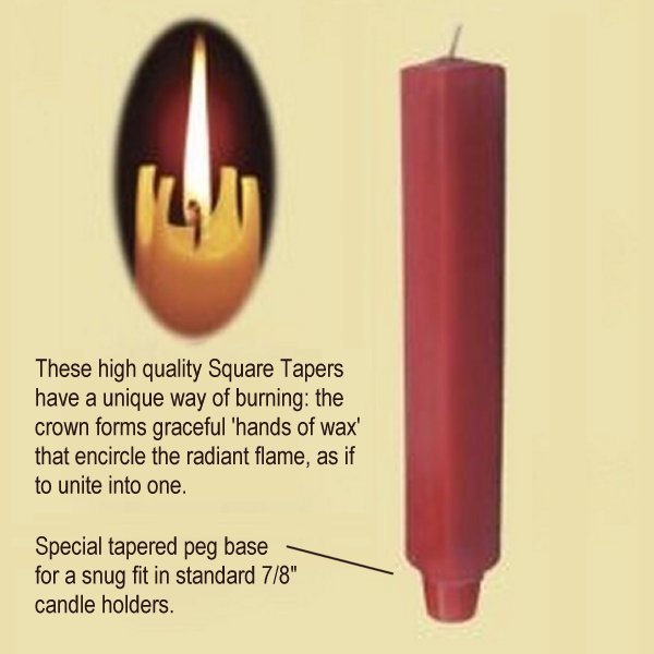 Square Taper Candles, 8″ or 12″ x 7/8″ pegged base, Box of 8, D0150