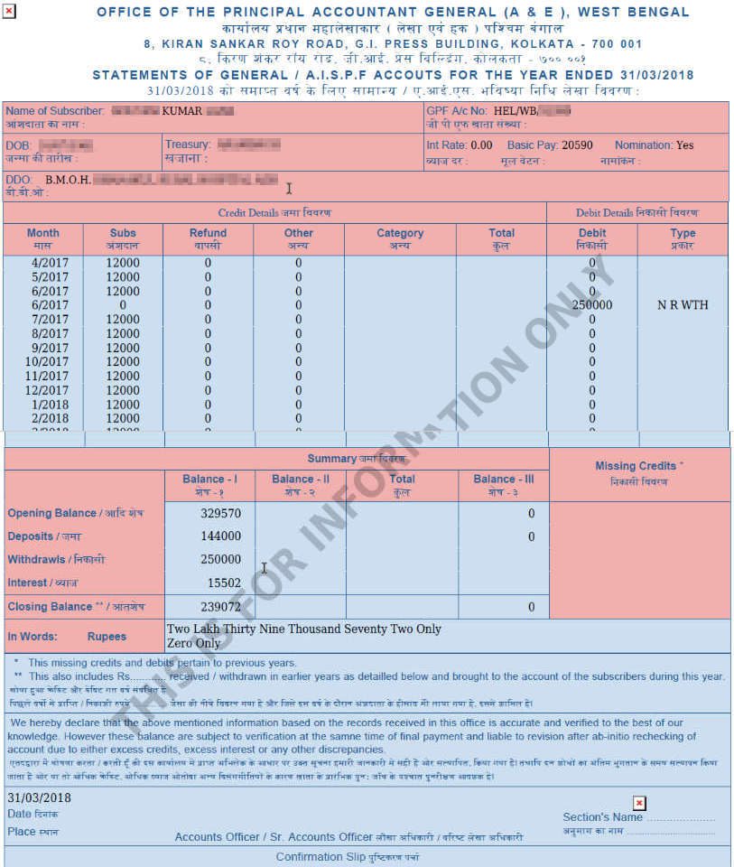 GPF Statement Download for Group A, B, C Employees of West Bengal