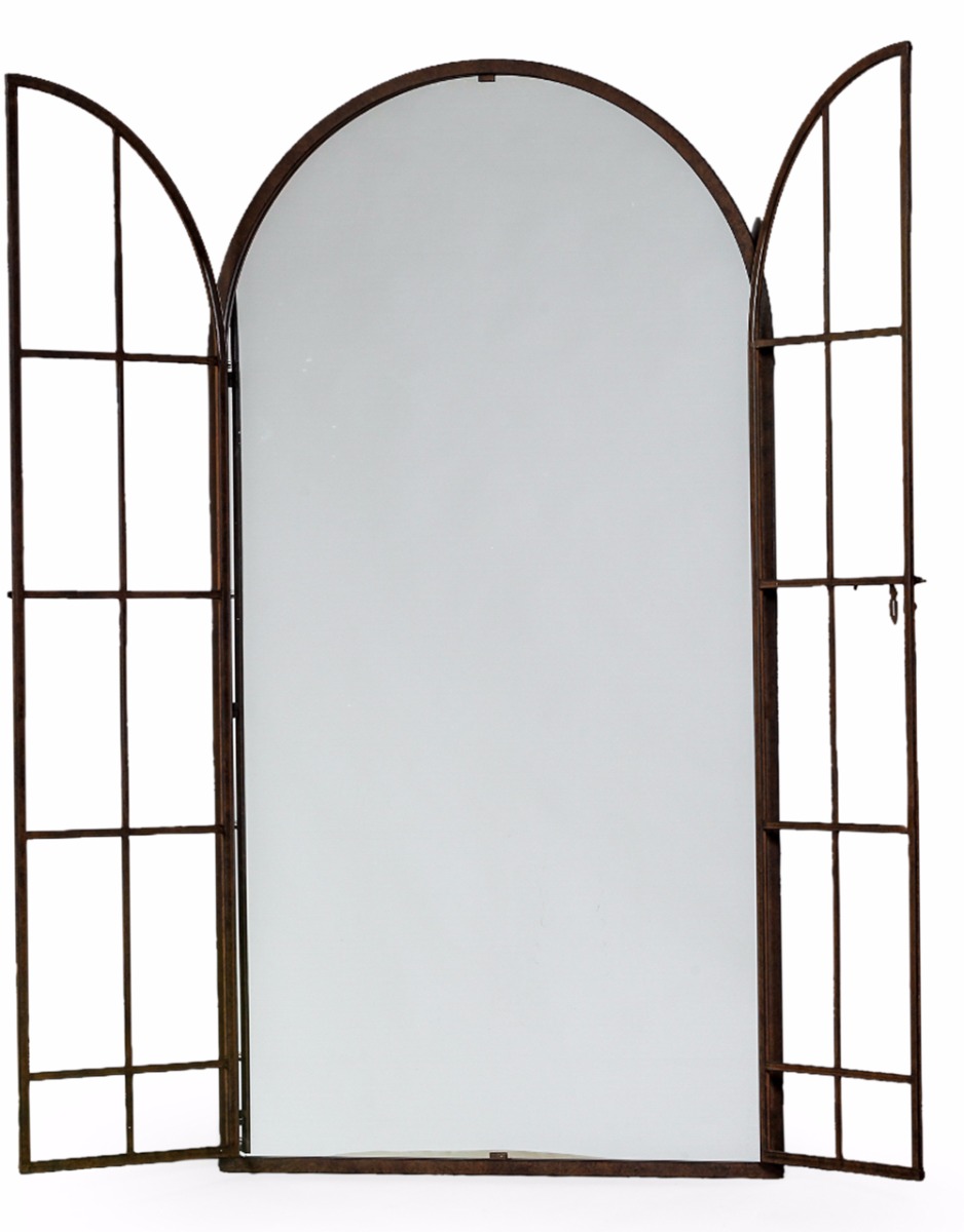 Antiqued Iron Large Arch Window Metal Mirror WBR Interiors
