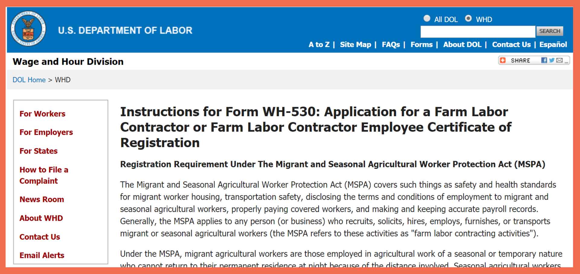 PHOTO FLC Registration Card (Source US Department of Labor, Wage and