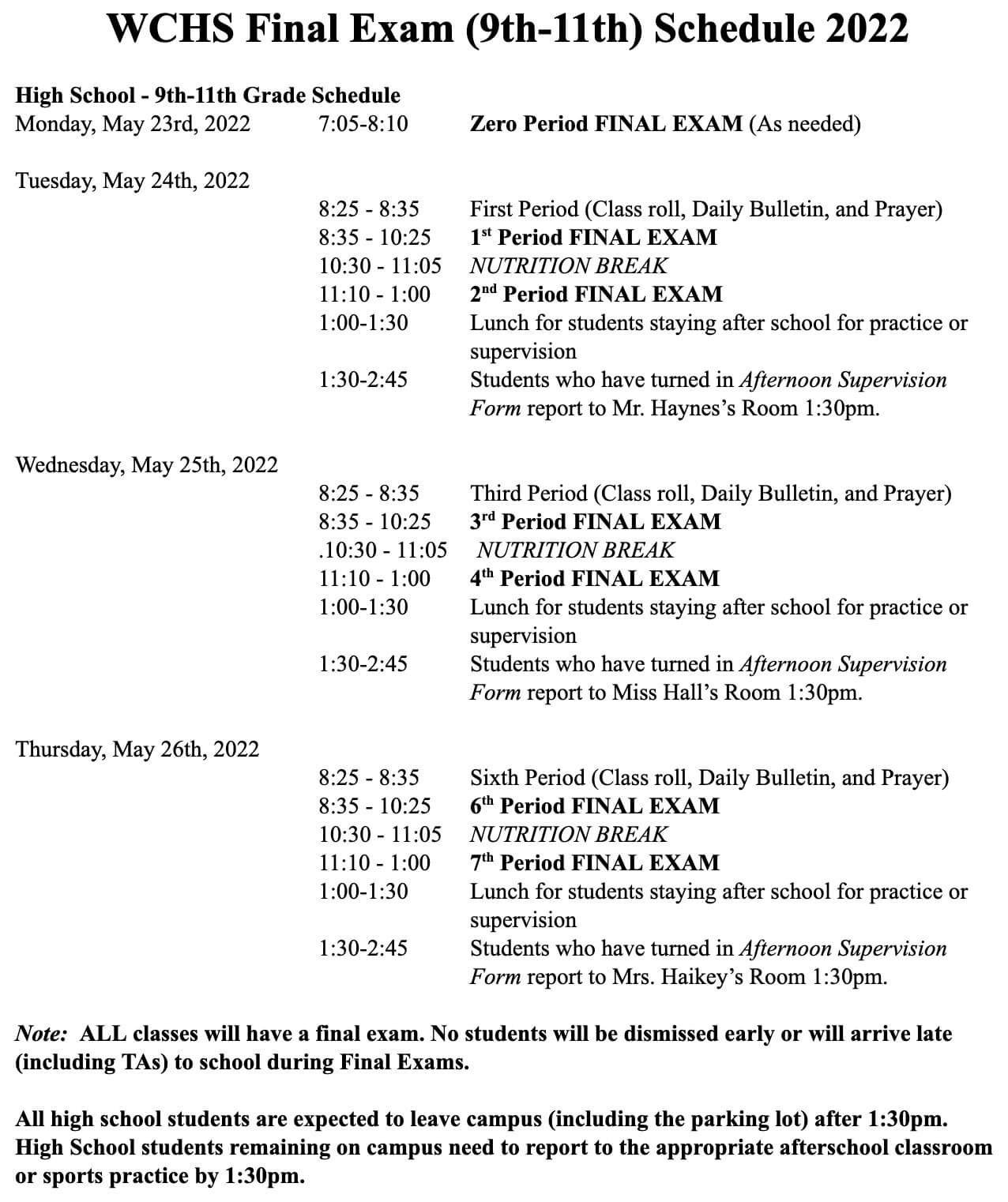 Final Exams Schedule Woodcrest Christian School System
