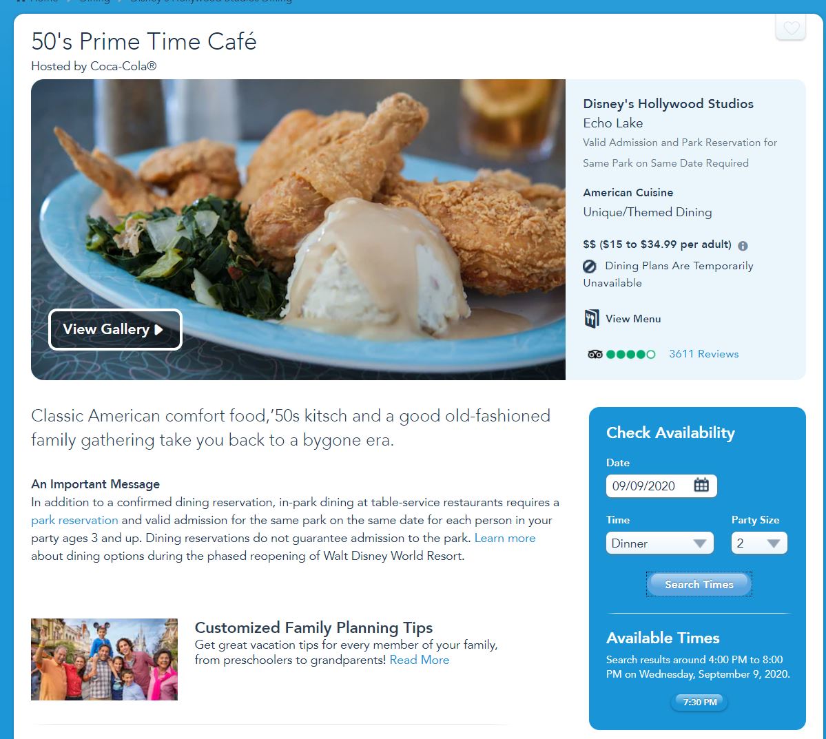 Select Walt Disney World InPark Restaurants Still Accepting