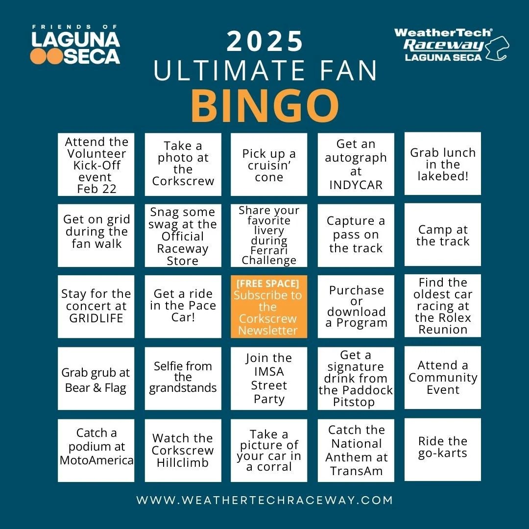 Play 2025 Season BINGO & Win Big WeatherTech Raceway Laguna Seca