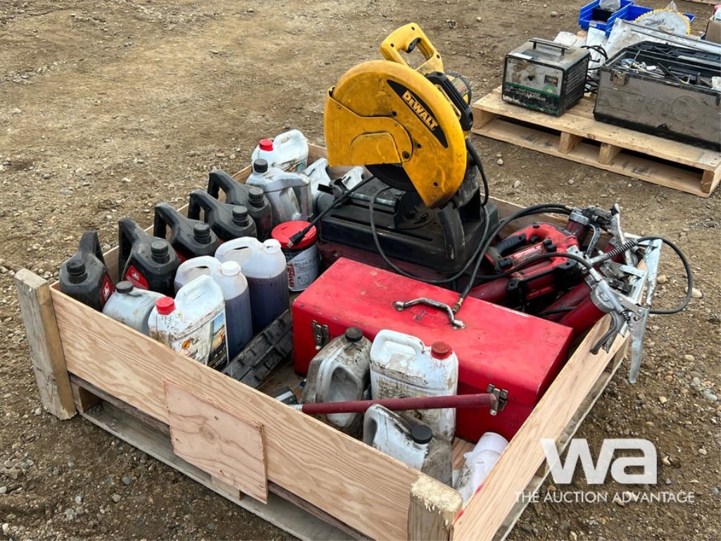 DEWALT CUTOFF SAW, OILS, RED TOOL BOX