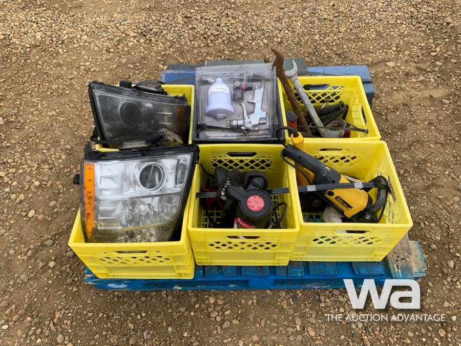 PALLET OF MISC SHOP TOOLS PAINT GUN, WRENCHES