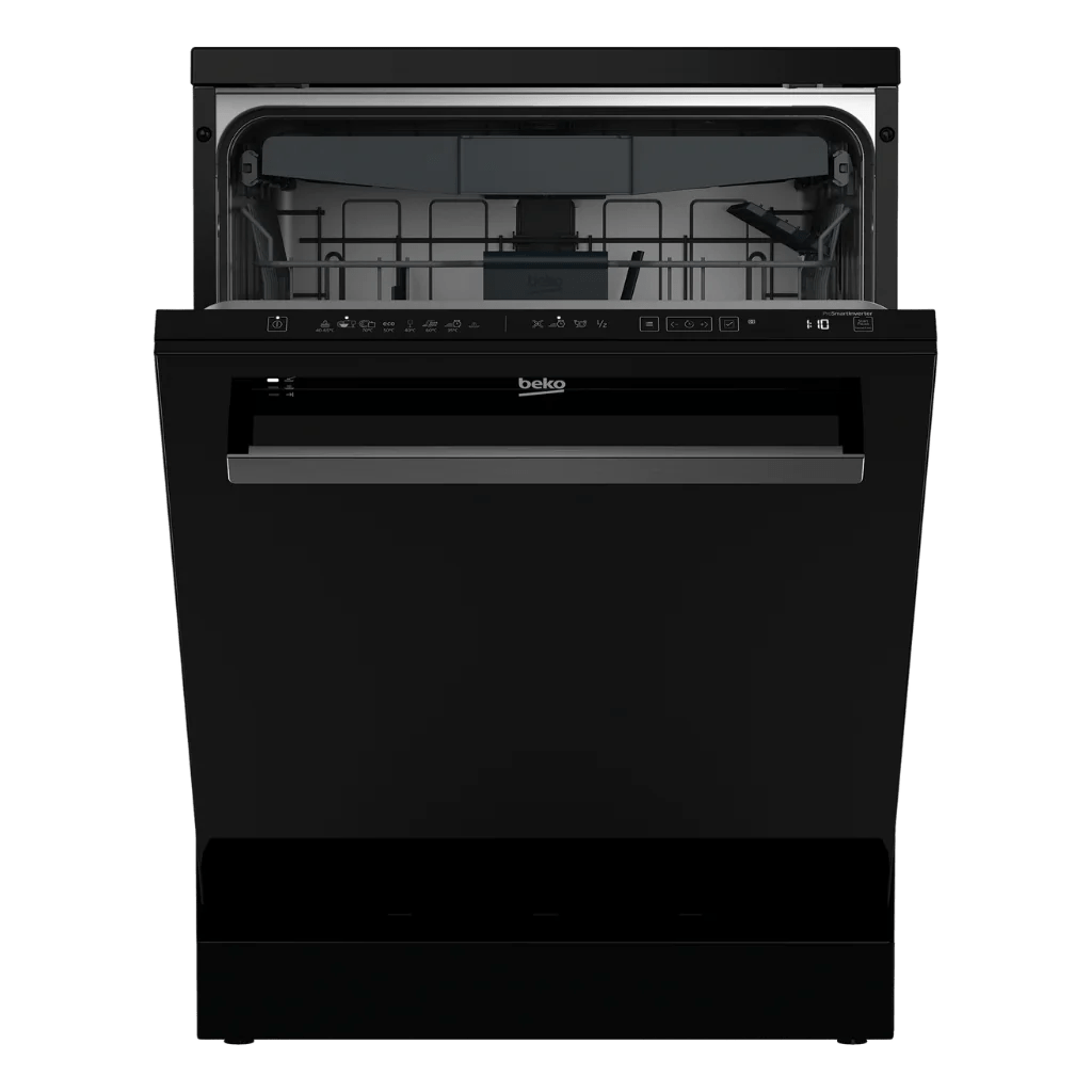 Beko 15 Place Black Glass Dishwasher Open