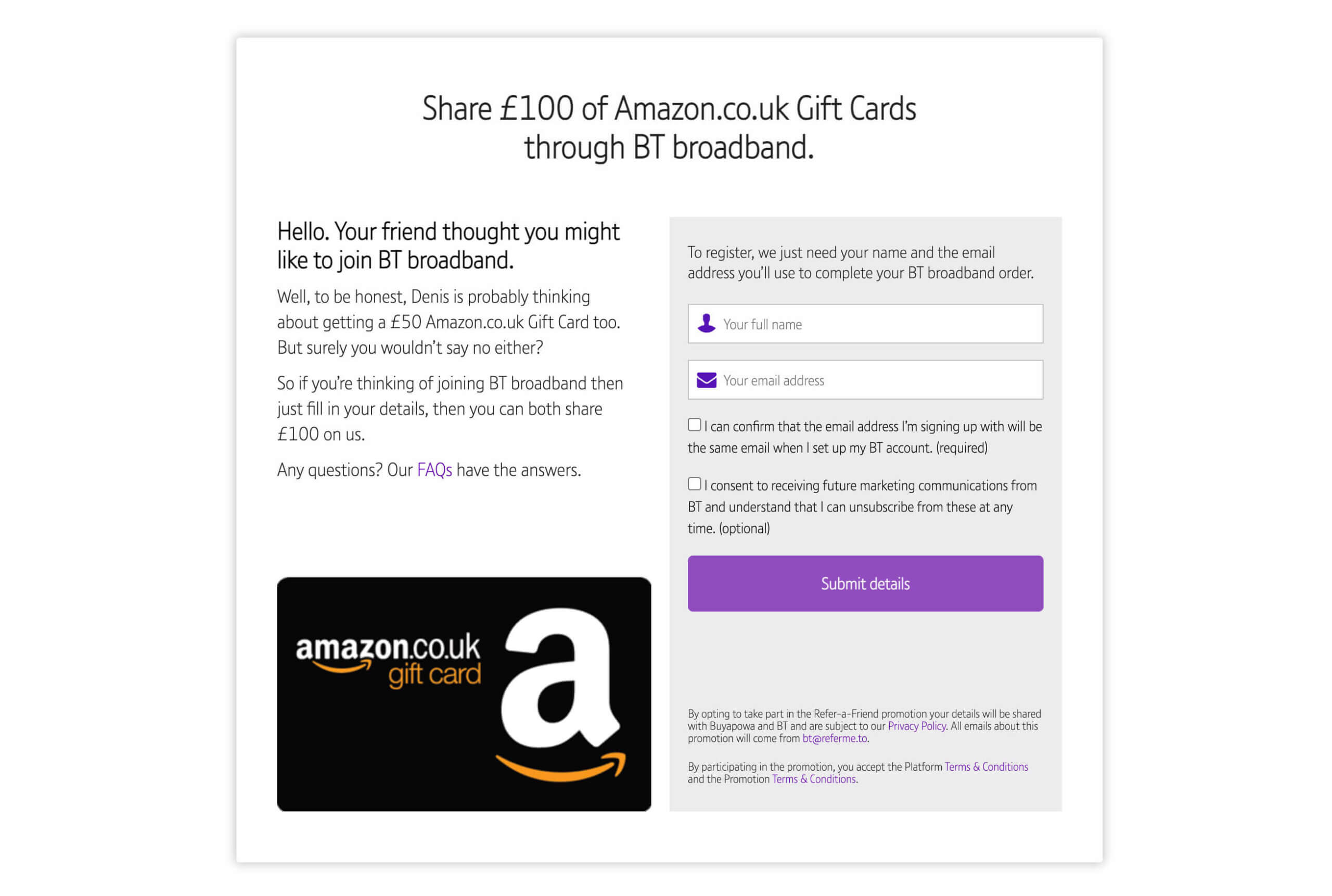 BT referral code £50 Amazon.co.uk with this BT Broadband sign up bonus
