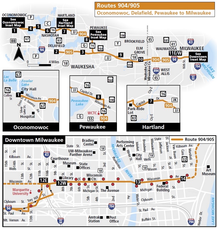 Wisconsin Coach Lines Route 904/905 Map