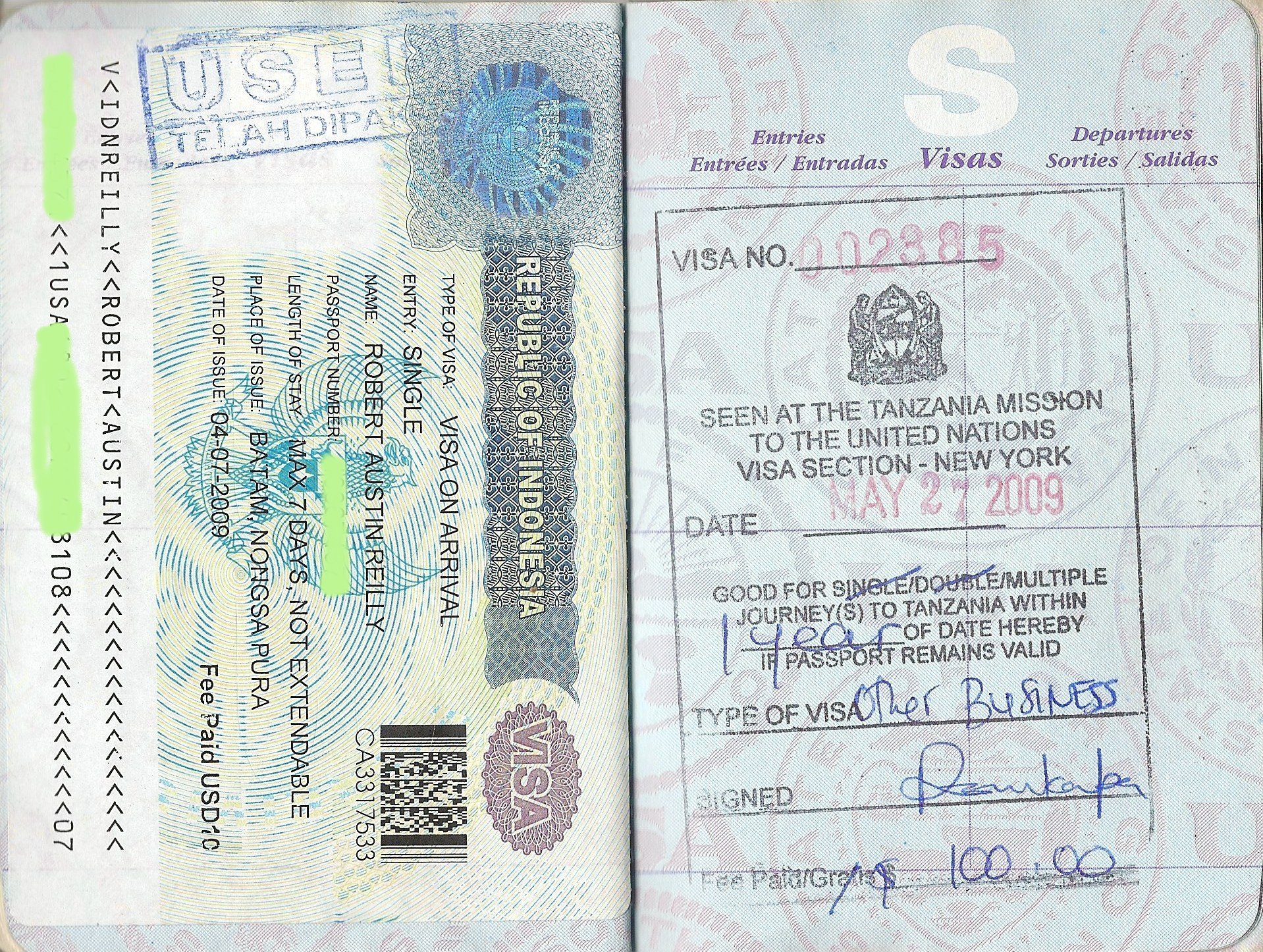 Rob Reilly's passport pages