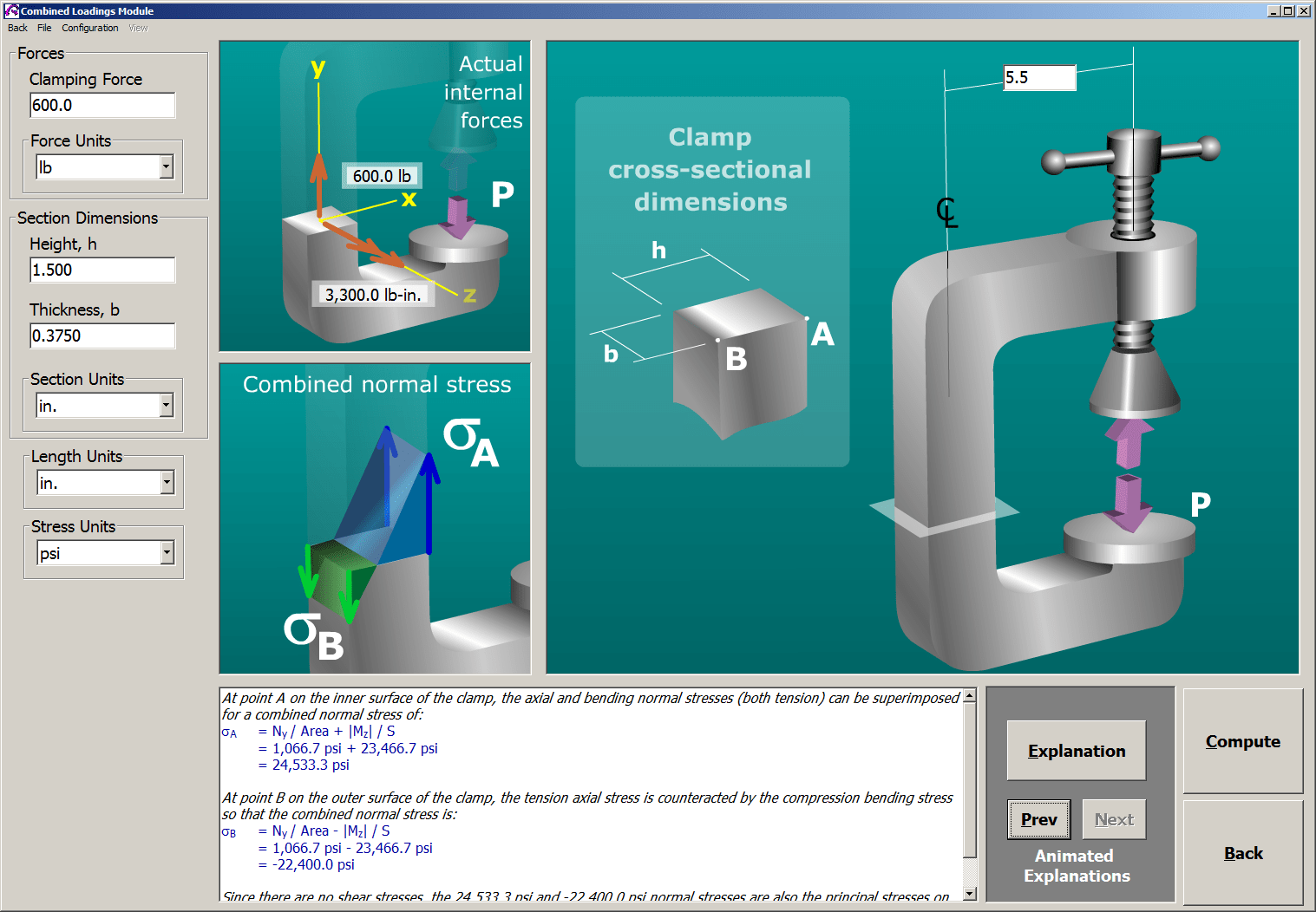 MDSolids Combined Loadings Module C Clamp