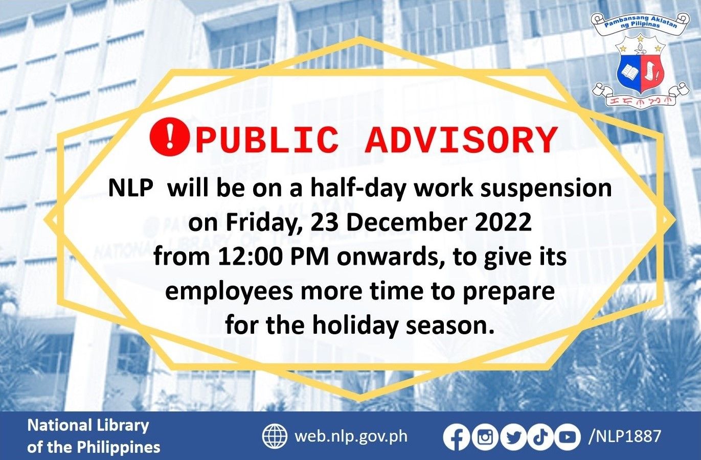 HalfDay Work Suspension on December 23 National Library of the