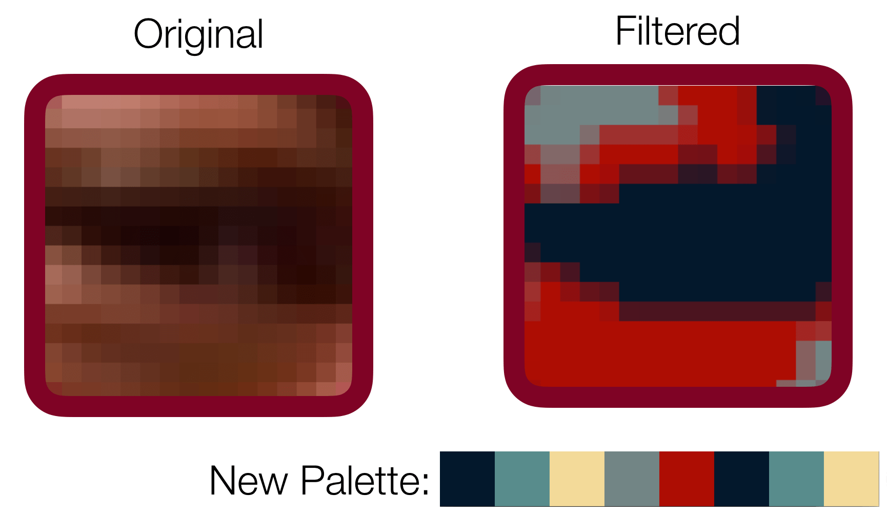 Two images, one with an original palette of colors, and the other with