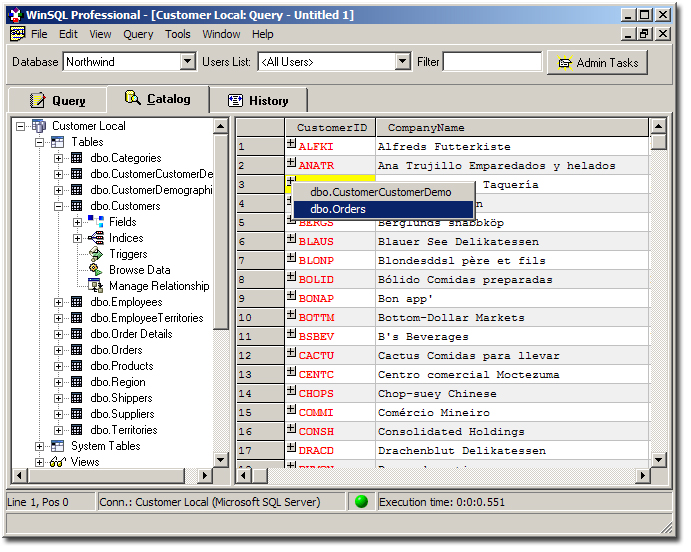 Drill down results display records from associated tables.