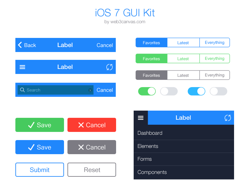 iOS 7 UI Kit essential pack iOS7 Tab bars, Sub Tabs, Toggle, Buttons