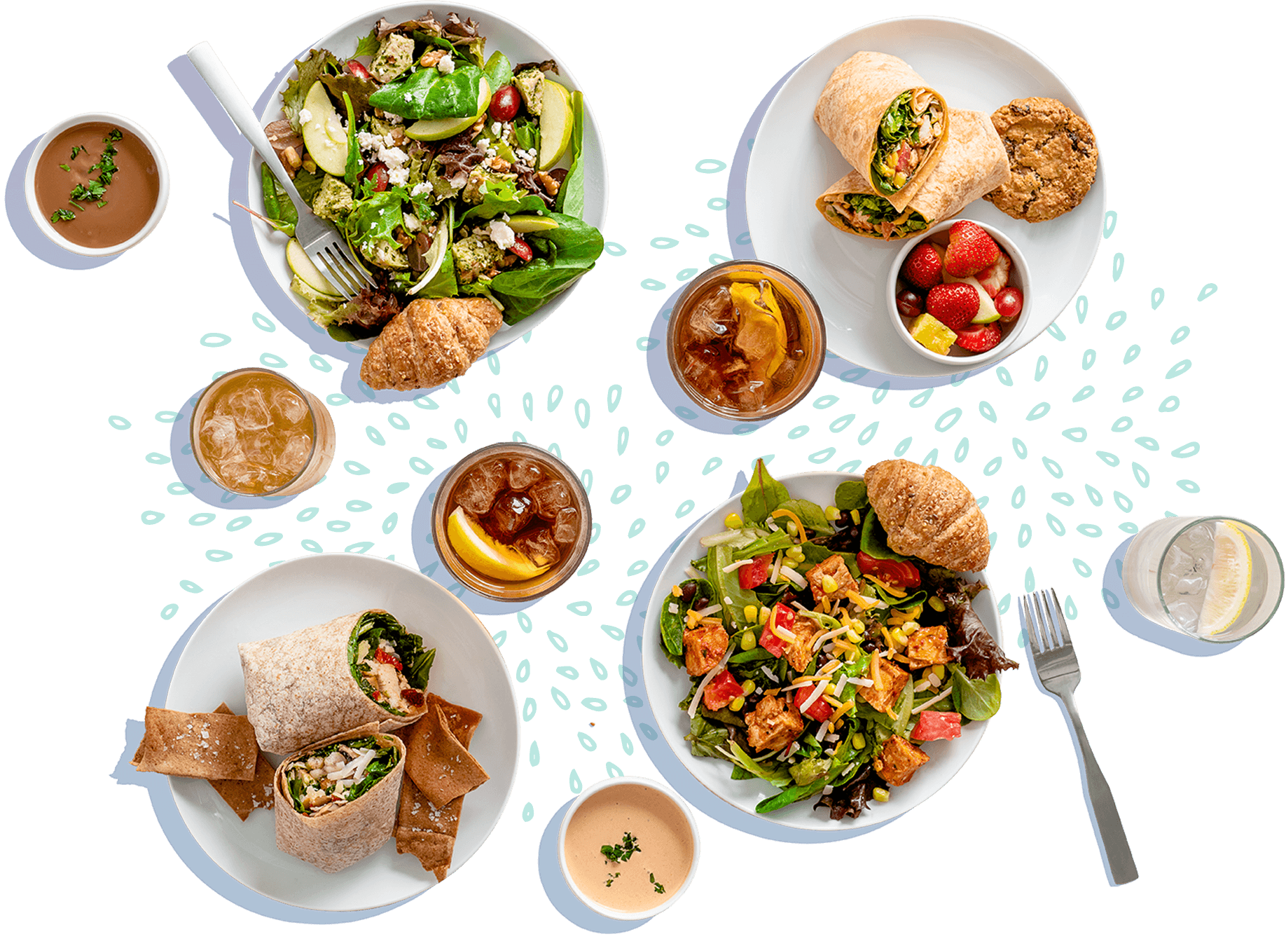 layout of salad dressings, salads in bowls, wraps on a plate, and drinks