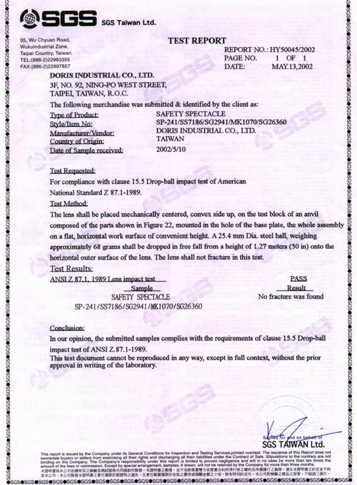 CE/ANSI Certificate Doris Industrial Co., Ltd.
